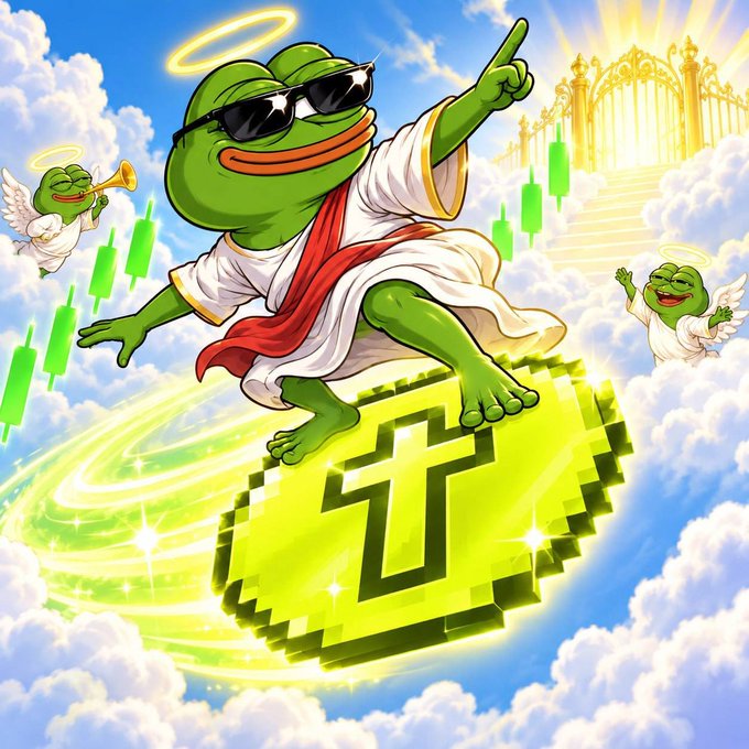 An angelic Pepe the Frog wearing sunglasses and a white robe, pointing upward while riding a glowing green crypto token shaped like the letter 'T' through clouds.