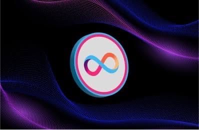 A digital graphic of a circular white badge with a pink and blue infinity symbol or ribbon logo, set against a dark background with wavy, textured purple and blue lines.