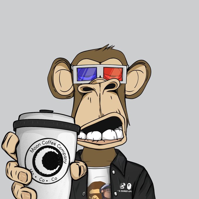 A cartoon monkey wearing red-blue 3D glasses and a black Bored Ape jacket holds a coffee cup branded 'Moon Coffee Company.'