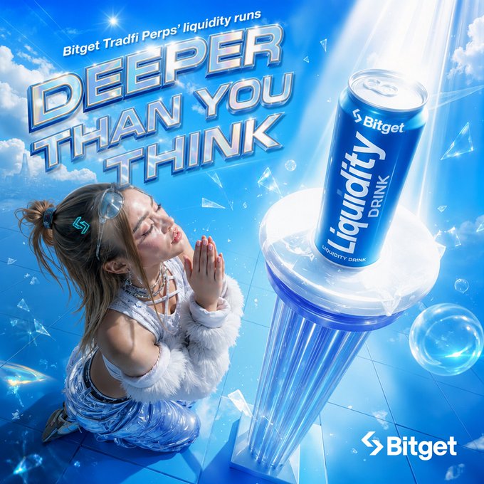 Bitget cryptocurrency exchange advertisement featuring a woman in white kneeling beside a giant blue 'Liquidity Drink' can, with the tagline 'Bitget TradFi Perps' liquidity runs DEEPER THAN YOU THINK'.