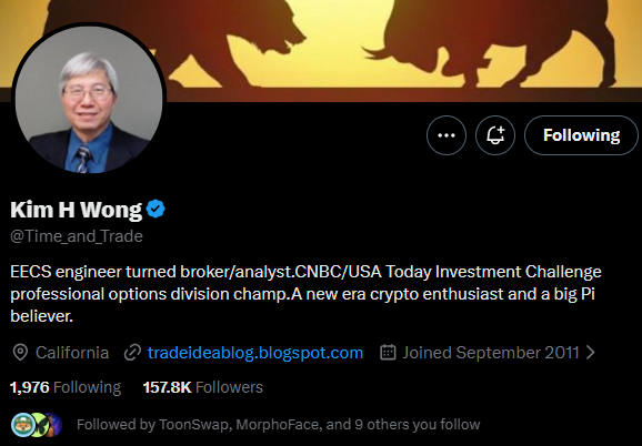 This is a screenshot of the Twitter profile for Kim H. Wong (@Time_and_Trade), an EECS engineer turned broker/analyst and crypto enthusiast. The accompanying post highlights his belief in $SUPRA and @SUPRA_Labs.