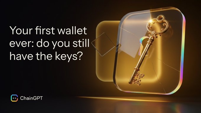 A polished ChainGPT promotional graphic featuring a golden key hovering over a translucent wallet icon, paired with the reflective question "Your first wallet ever: do you still have the keys?"—visually echoing the post's reminder to long-time crypto holders about safeguarding access to their earliest wallets.