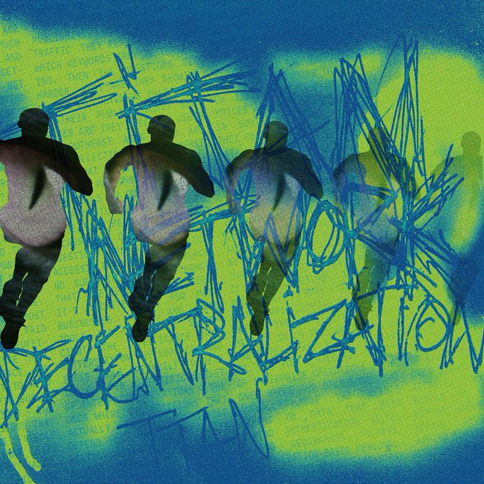 An artistic image of silhouetted figures appearing to walk or float against a blue and yellow graffiti background with the word 'OCEAN' tagged across it.