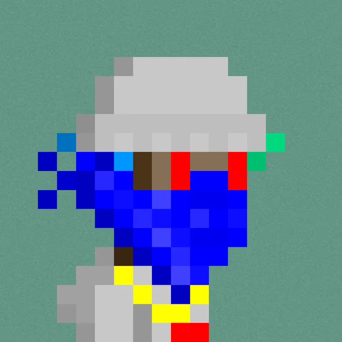 A pixel art sprite of a figure wearing a white wide-brimmed hat and a blue, red, and yellow outfit against a solid green background.