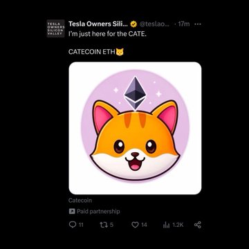 A screenshot of a post from the "Tesla Owners Sili..." account (@teslao...) showing an orange Shiba Inu Catcoin meme image with the text "I'm just here for the CATE. CATECOIN ETH 🐱" and the Catcoin logo above the cat, which has received 1.2K reposts and 14 likes. The post directly supports the accompanying caption about $CATE rallying after this Tesla-linked account tagged the Catcoin X account, showing the viral catalyst for the token's price movement.