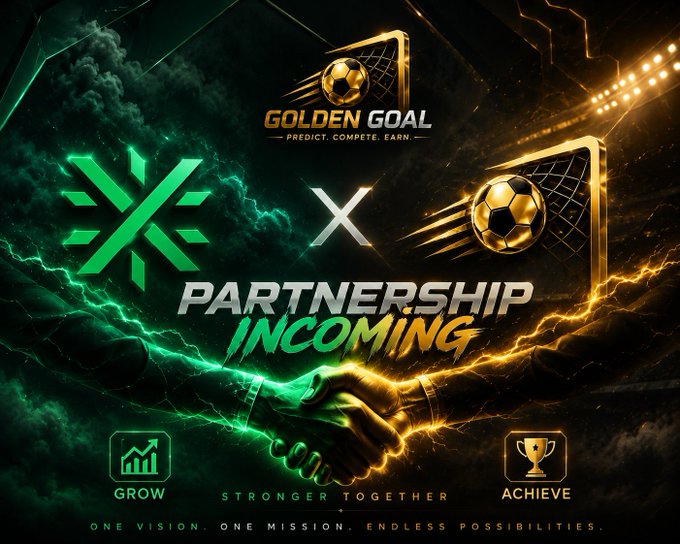 The image features two logos for a soccer competition called "Golden Goal" and "Xx". The Golden Goal logo has a green background with gold text, while the Xx logo also has a green background but uses yellow text instead of gold. Both logos are located in the top left corner of the image. Below these logos, there is a post that reads: "Partnership Incoming" and includes three bullet points about the partnership between Golden Goal and Xx. The first point states that they will be working together to create a stronger ecosystem for Web3.