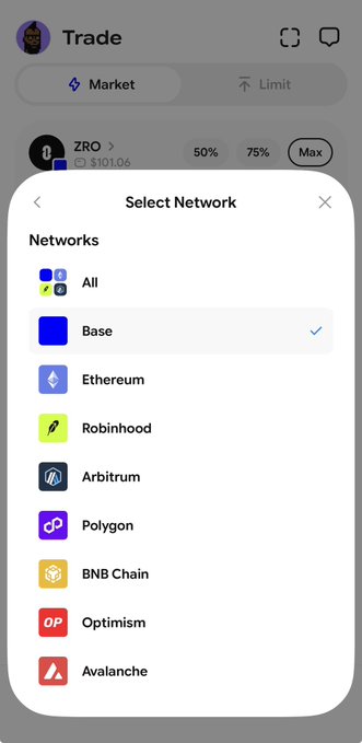 A mobile app screenshot shows a 'Select Network' trading menu for ZRO ($101.06), with options including Base (selected), Ethereum, Robinhood, Arbitrum, Polygon, BNB Chain, Optimism, and Avalanche.