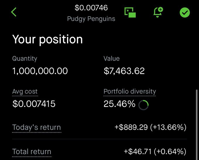 The image shows a portfolio position for Pudgy Penguins ($PENGU) with 1,000,000.00 tokens valued at $7,463.62, an average cost of $0.007415, and a total return of +$46.71 (+0.64%), illustrating the moment the user finally reached profitability after 251 days of holding.