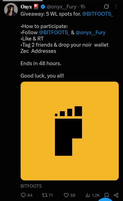 A Twitter/X post from "Onyx" (@onyx__Fury) announces a "Giveaway: 5 WL spots for @BITFOOTS_" asking participants to follow, like, retweet, tag 2 friends and drop their ZEC wallet addresses, ending in 48 hours, paired with a yellow "BITFOOTS" foot logo image that the accompanying critique calls out as a fake, unverified giveaway with no real collaboration or confirmed whitelist spots.