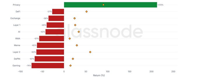 The image is a Glassnode bar chart showing crypto sector returns relative to Bitcoin's October 2025 high, with Privacy standing out as the only sector in positive territory at +213%, while all others remain negative, including DeFi (-27%), Exchange (-36%), Layer 1 (-40%), AI (-42%), RWA (-57%), Meme (-62%), Layer 2 (-63%), DePIN (-67%), and Gaming (-74%). The chart visually reinforces the post's claim that privacy, led by ZEC's massive rally, is crypto's sole outperforming sector against the late-2025 benchmark.