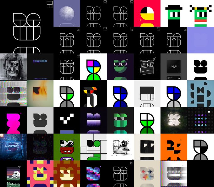 A grid displaying numerous variations of a specific digital art motif, featuring bold geometric shapes in black, white, and vibrant colors.