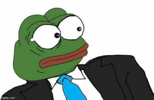A meme image of a sad-looking green Pepe frog character wearing a black suit and blue tie (imgflip.com watermark).