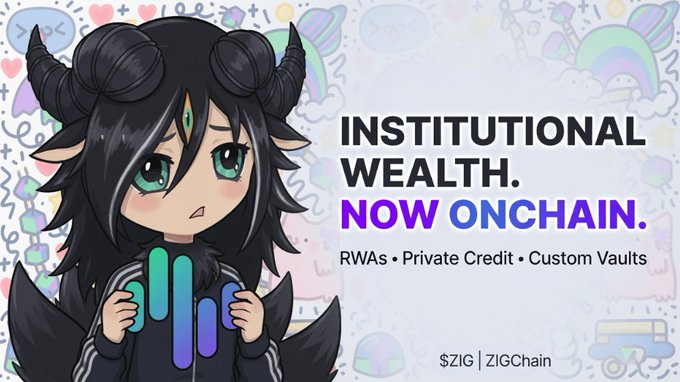 Promotional graphic for ZIGChain ($ZIG) featuring an anime-style character with horns, with the text 'INSTITUTIONAL WEALTH. NOW ONCHAIN.' and 'RWAs • Private Credit • Custom Vaults'.