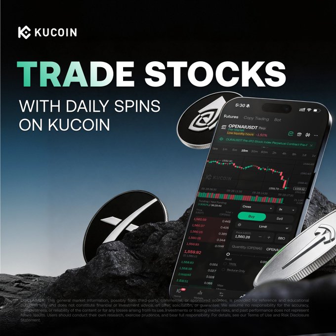 A promotional graphic for KuCoin features the bold headline "TRADE STOCKS WITH DAILY SPINS ON KUCOIN," alongside a smartphone displaying the KuCoin trading app with the OPENAUSDT pair (priced around 1,500) and candlestick charts, surrounded by stylized metallic crypto coins. The image visually reinforces the post's message about trading stocks like OPEN at any hour using the same KuCoin app and USDT balance, promoting their daily spin rewards campaign.