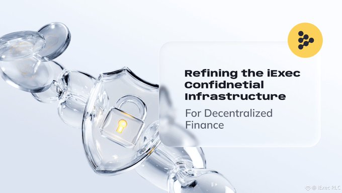 The image features a glass shield with a lock, which appears to be a symbol of security or privacy. The text "Refining the IEXEC Confidential Infrastructure" suggests that there might be concerns about data privacy and security in the context of financial transactions. The phrase "For Decentralized Finance" implies that the focus is on creating a more private and secure system for financial transactions, away from centralized control. The image also includes a logo for Leasehold Clc, which could indicate an association with the IEXEC Confidential Infrastructure project or a related business.
