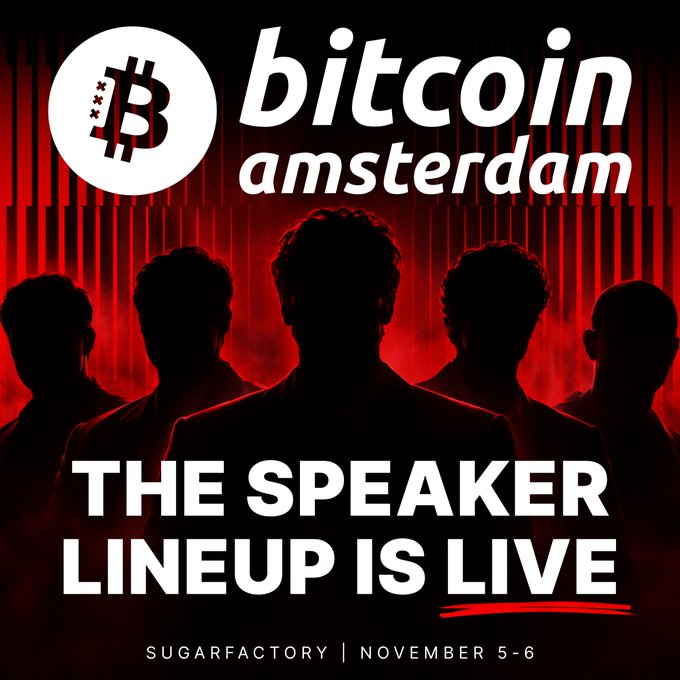 Promotional graphic for "bitcoin amsterdam" featuring a Bitcoin logo and silhouettes of five figures against a red background, announcing "THE SPEAKER LINEUP IS LIVE" with details "SUGARFACTORY | NOVEMBER 5-6".