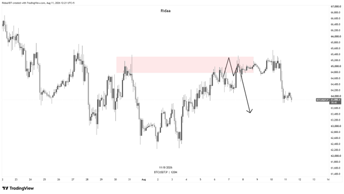 A TradingView BTC/USD chart on the "Ridea" layout shows price action near $63,460 with a pink shaded supply zone above and a hand-drawn arrow pointing downward, suggesting a projected sell-off as part of the trader's bearish plan.