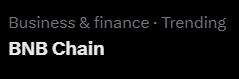 A black graphic with white text reading 'Business & finance · Trending' and 'BNB Chain'.