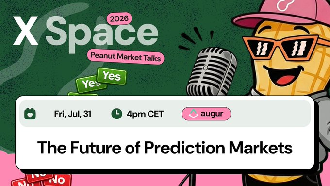 A promotional graphic for 'X Space 2026 - Peanut Market Talks - The Future of Prediction Markets' on Fri, Jul 31 at 4pm CET, featuring a cartoon peanut character in sunglasses and a microphone.