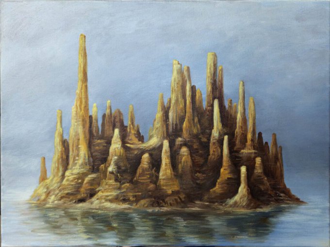An oil painting depicting a surreal island of towering, spire-like golden rock formations rising from calm waters against a hazy blue sky, rendered with surreal, dreamlike detail. The accompanying post explains that this artwork, titled "954503," translates verified Bitcoin blockchain transaction data into the physical forms and colors of the composition, transforming abstract digital data into a tangible landscape.