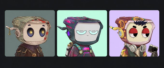Three cartoonish blocky robot NFT characters are displayed on colored backgrounds: one in brown with starry eyes, one in dark purple with bored eyes, and one in orange/red with angry eyes.