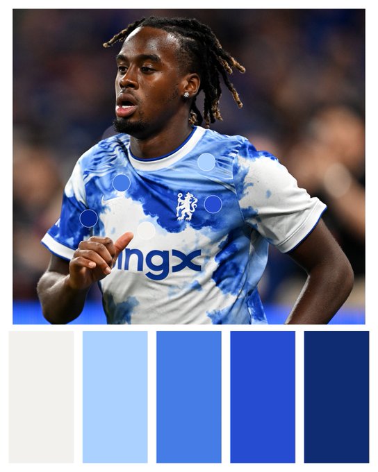 A young footballer with dreadlocks, wearing a blue and white Chelsea FC kit featuring the "BingX" sponsor logo, is captured mid-run on the pitch, with a five-shade color palette below transitioning from off-white to deep royal blue that mirrors the kit's tones.