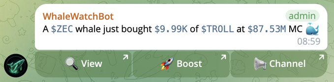 The image displays a social media post about the buybot of whalewatch bot that was bought for $9.99 worth of Trolling at 8.37M MC channels with a boost setting, which allows users to gain an increased level of attention on their content through channels like Telegram and Instagram.