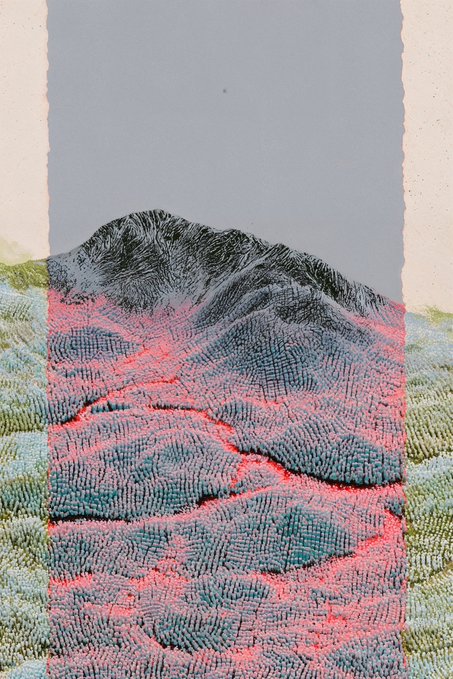 A textured mountain landscape rendered in mixed media with pink and dark blue hues dominates the center, framed by greenish terrain on either side, reflecting the artist's exploration of geological forms like terracettes.