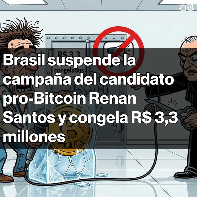 A Spanish-language news graphic with a cartoon of a judge freezing a Bitcoin coin in ice, with text reading 'Brasil suspende la campaña del candidato pro-Bitcoin Renan Santos y congela R$ 3,3 millones'.