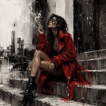 A dark, expressive painting depicts a woman in a red coat sitting on concrete steps in the rain, smoking a cigarette with smoke curling upward.