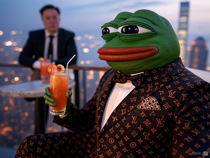 A surreal AI-generated image featuring a 3D-rendered Pepe the Frog wearing a Louis Vuitton-patterned suit and bow tie, holding an orange cocktail at what appears to be a rooftop bar at dusk, with a man in the background and Grok watermark visible.