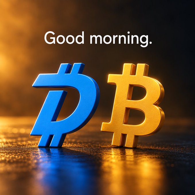 A 3D rendered image showing blue and gold Bitcoin/dollar symbol characters standing together with 'Good morning.' text above them on a dark surface.