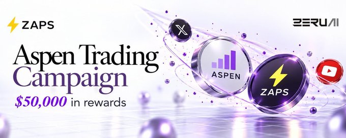 A promotional banner for the 'Aspen Trading Campaign' offering '$50,000 in rewards' featuring ZAPS and BERUAI logos alongside 3D metallic spheres with icons.