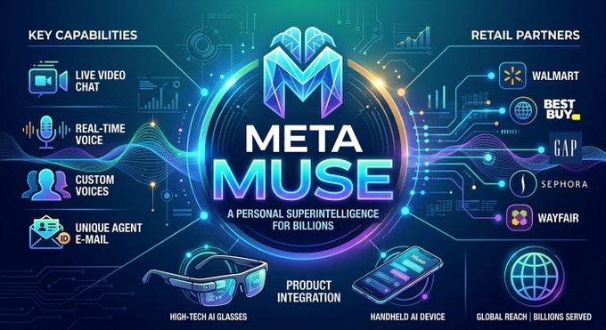 A futuristic tech advertisement for 'META MUSE - A Personal Superintelligence for Billions' featuring key capabilities like live video chat, real-time voice, custom voices, and unique agent e-mail, along with retail partners including Walmart, Best Buy, Gap, Sephora, and Wayfair.