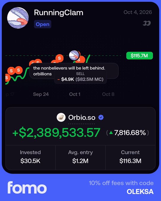 A Fomo app screenshot showing a 'RunningClam' token and an 'Orbio.so' investment with +$2,389,533.57 profit, including the promo code 'OLEKSA'.