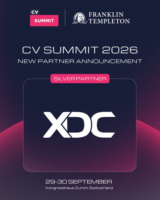 An announcement graphic for CV Summit 2026 featuring a 'New Partner Announcement' for XDC as a Silver Partner, taking place 29-30 September at Kongresshaus Zürich, Switzerland, in partnership with Franklin Templeton.