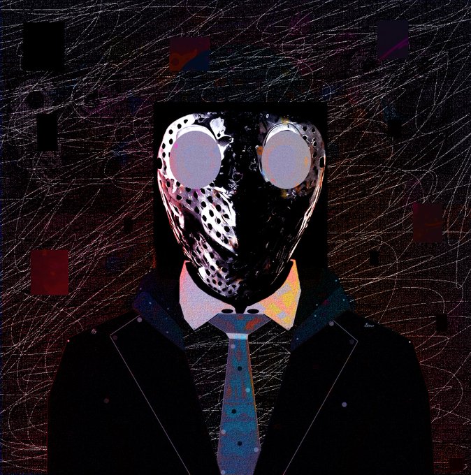 A surreal illustration features a figure in a formal suit and tie wearing a metallic, perforated mask with blank white eyes, set against a chaotic web of scratchy white lines and dark geometric shapes. This haunting visual aligns with the post's description of "The Masked Mind," a 2023 collaborative pencil and digital artwork listed for 0.250Ξ on SuperRare, evoking the poem's themes of hidden identity and searching for peace amidst noise.