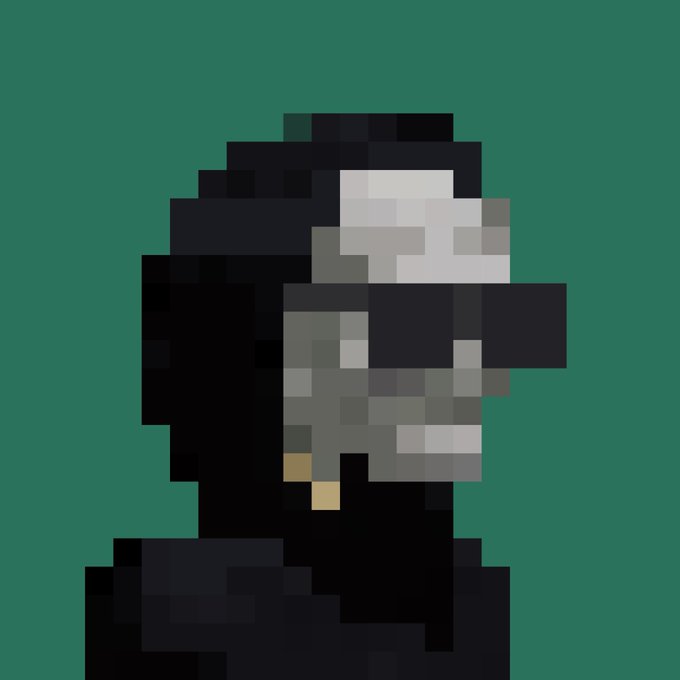 A heavily pixelated, low-resolution image showing a dark figure wearing sunglasses and a cap against a solid dark green background.