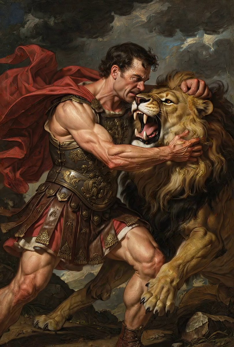 The image depicts a man dressed as a Roman soldier, wearing armor and holding a lion's head with his mouth open wide. He appears to be in a battle stance, ready to fight against an opponent. The painting portrays a scene of dominance and power, which is consistent with the theme of "Battle for Dominance" that the post suggests.