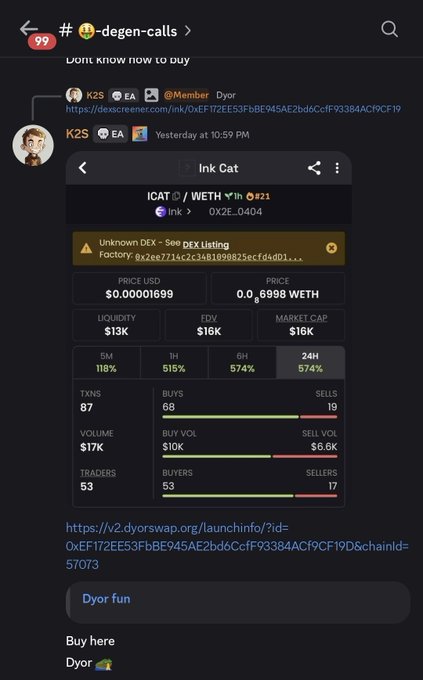 The image shows a Discord message from user K2S in the "#🤑-degen-calls" channel, displaying an "Ink Cat" token (ICAT/WETH pair #21) on Uniswap, priced at $0.00001699 with a $16K market cap. This aligns with the post claiming a "50x cook @EarnAlliance1 ink cat call at 16k mc," verifying the original call's entry point at a $16K market cap.