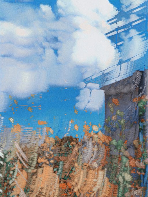 A blurred, motion-distorted image showing an abstract scene of clouds, sky, and what appears to be a rooftop or structure with autumnal foliage rendered in a smeared, painterly style, likely representing a digital artwork minted as an NFT on the Tezos blockchain via the objkt.com platform referenced in the post.