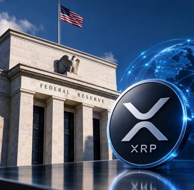 A composite image showing the Federal Reserve building with an American flag alongside a large silver XRP coin and a glowing blue digital globe.