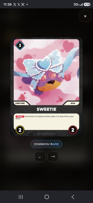 A digital trading card game screenshot shows a card named 'SWEETIE' with a 3 cost, classified as Creature/Bow, with the ability: 'PLAY: Summon a Creature that costs 2 or less from your deck.'