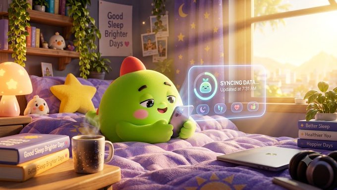 A cute green cartoon character sits on a purple bed in a cozy bedroom, looking at a smartphone displaying a 'SYNCING DATA... Updated at 7:51 AM' interface. The room features books titled 'Good Sleep Brighter Days' and a poster with the same phrase.