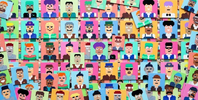 A vibrant collage of pixel-art character portraits, each on pastel-colored cards arranged in an overlapping grid, visually represents the diverse "OG Solana Brokers" collection. The colorful array of unique avatars with varied hairstyles, glasses, and outfits reinforces the branding of a 3,333-piece NFT project offering free mints and an ownership economy on Solana.