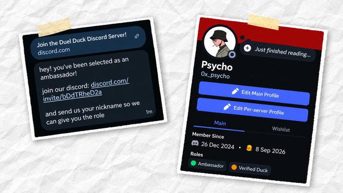 Two screenshots showing a Discord invitation to the "Duel Duck Discord Server" for an ambassador role, and a user profile named "Psycho" with "Ambassador" and "Verified Duck" roles.