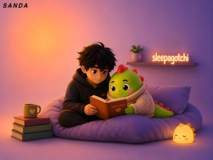 An animated scene by 'SANDA' showing a boy reading a book with a green dinosaur plushie on a purple cushion, with a 'sleepagotchi' neon sign and a small glowing creature nearby.