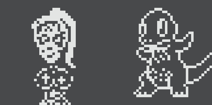 Two pixel art characters on a dark blue background—a person with long hair on the left and a dinosaur-like creature on the right—appearing to be hand-drawn pixel creations made on the normiesART canvas, fitting the post's theme of Pokémon-inspired collectibles.