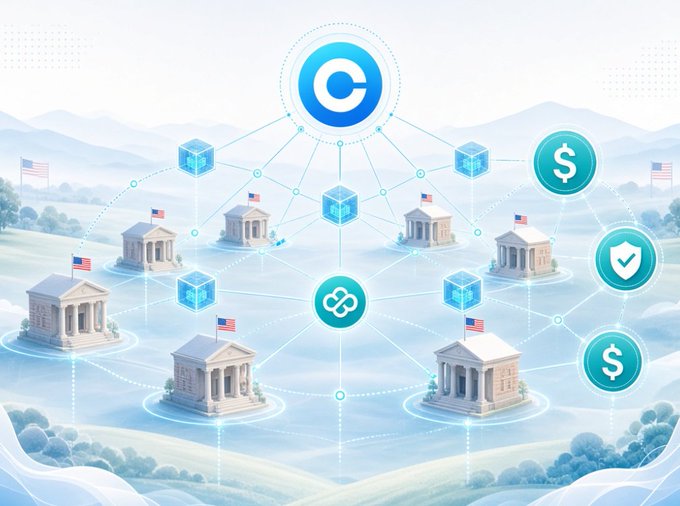 A stylized 3D illustration depicting a network of government or institutional buildings connected by glowing lines, with cryptocurrency symbols and flags, suggesting a digital finance or blockchain network.