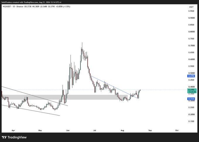 A daily TradingView chart of WLD/USDT on Binance shows the cryptocurrency recovering from a recent low near $0.32 after breaking above a descending trendline, with key levels marked at $0.3334, $0.3795, and $0.4290, supporting the trader's bullish long position ahead of a potential follow-up move.